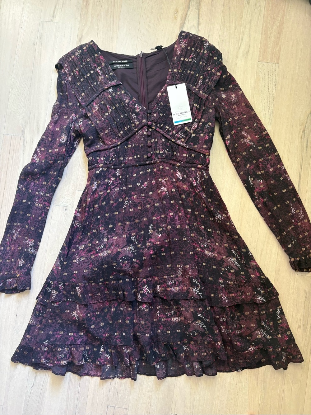 Long Sleeve Floral Tiered Dress in Plum